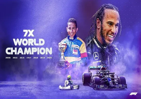 Lewis Hamilton with his Mercedes F1 car in a collage celebrating his seventh world title.