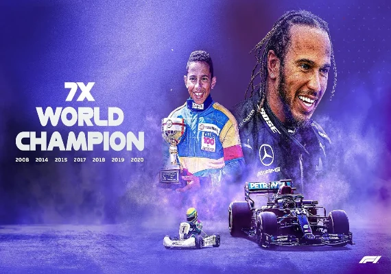 Lewis Hamilton with his Mercedes F1 car in a collage celebrating his seventh world title.